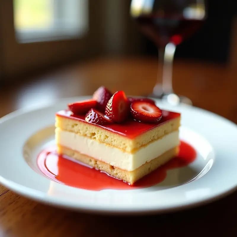 Porción de Tres Leches con Fresas Maceradas en Vino servido en plato blanco, bizcocho esponjoso empapado en tres leches, cubierto con fresas rojas brillantes maceradas en vino tinto, almendras fileteadas y un hilo de salsa de vino reducido.