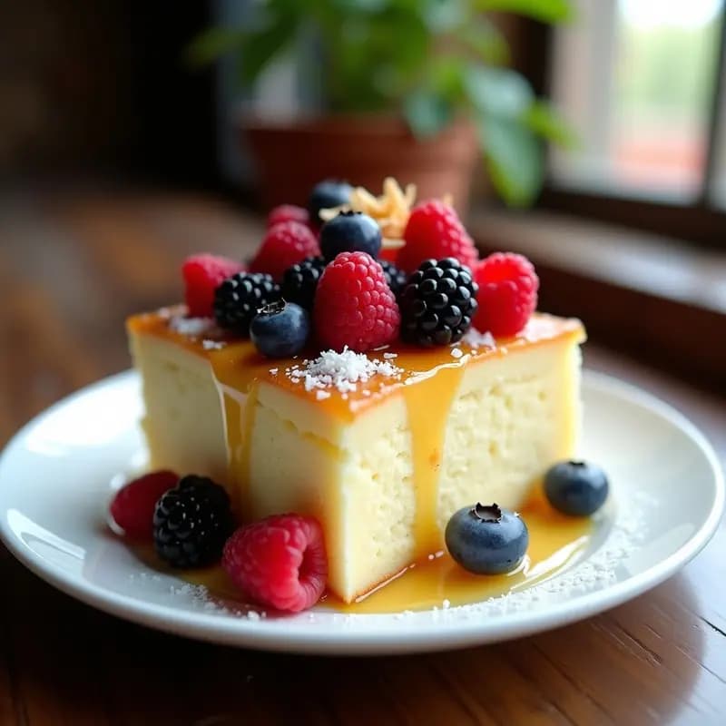 Porción de Tres Leches con Frutas del Bosque en plato blanco: bizcocho esponjoso empapado en tres leches, cubierto con crema batida y decorado con frambuesas, arándanos y moras frescas, con un hilo de coulis de frutos rojos.