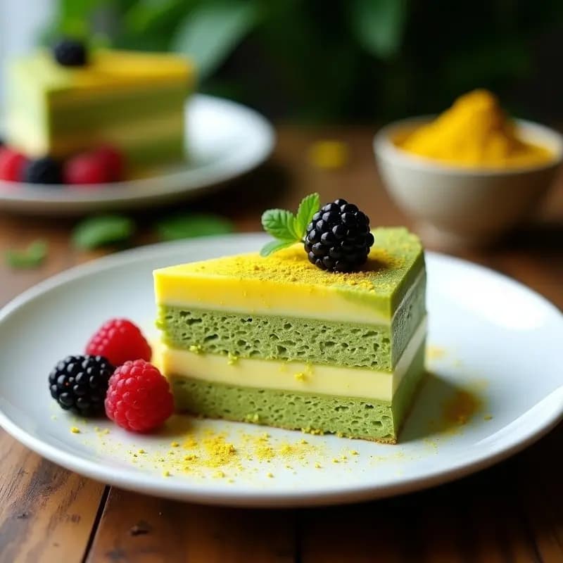 Porción de Tres Leches de Matcha y Cúrcuma sin lactosa en plato blanco, con capas visibles de bizcocho esponjoso verde claro y crema amarilla dorada, decorado con espolvoreado de matcha y cúrcuma, y frutos rojos al lado.