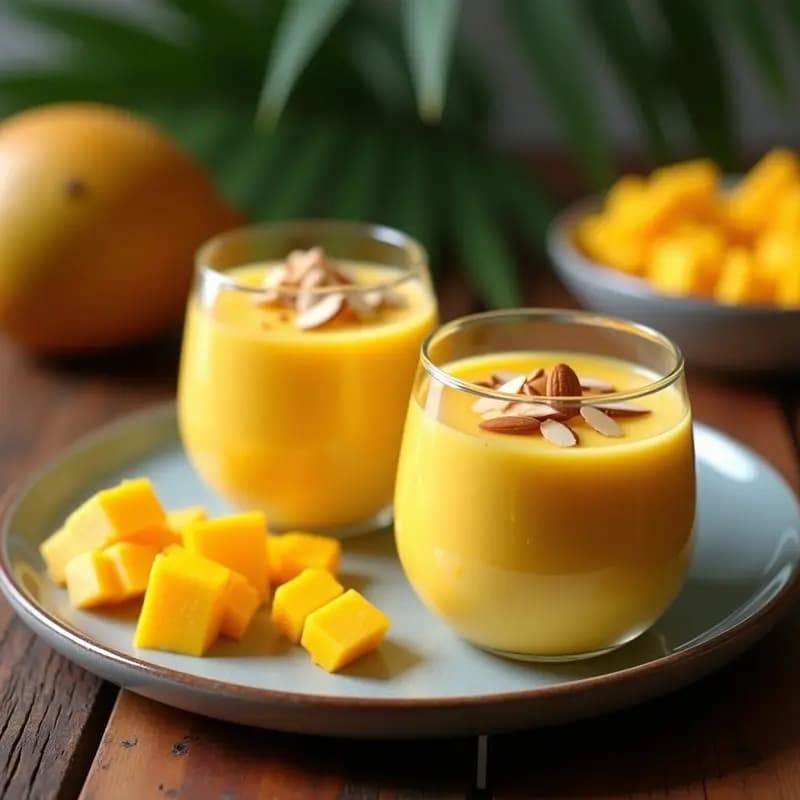 Copas de vidrio transparente con tropiezos de mango y chontaduro vegano, decorados con cubos de mango fresco y almendras fileteadas, sobre una mesa rústica de madera con hojas de plátano de fondo.