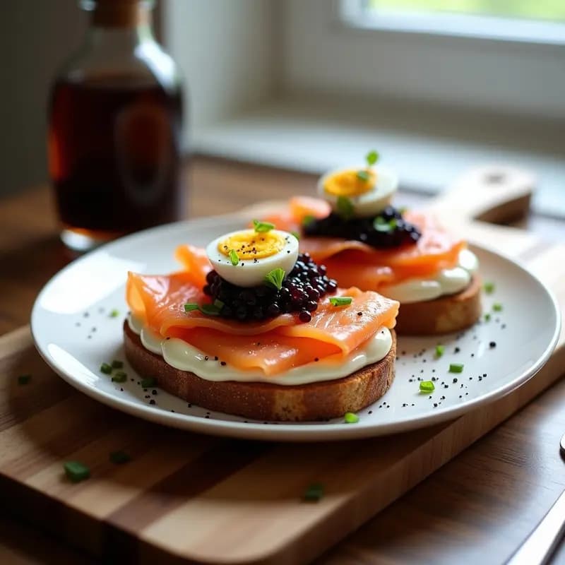 Plato blanco con cuatro Trostlosky o sandwiches abiertos rusos: base de pan de centeno tostado redondo, crema de yogur y mostaza, láminas de salmón ahumado, caviar de berenjena, huevo duro picado, alcaparras y eneldo fresco. Fondos borrosos de rúcula y limón. Presentación ideal para brunch gourmet.