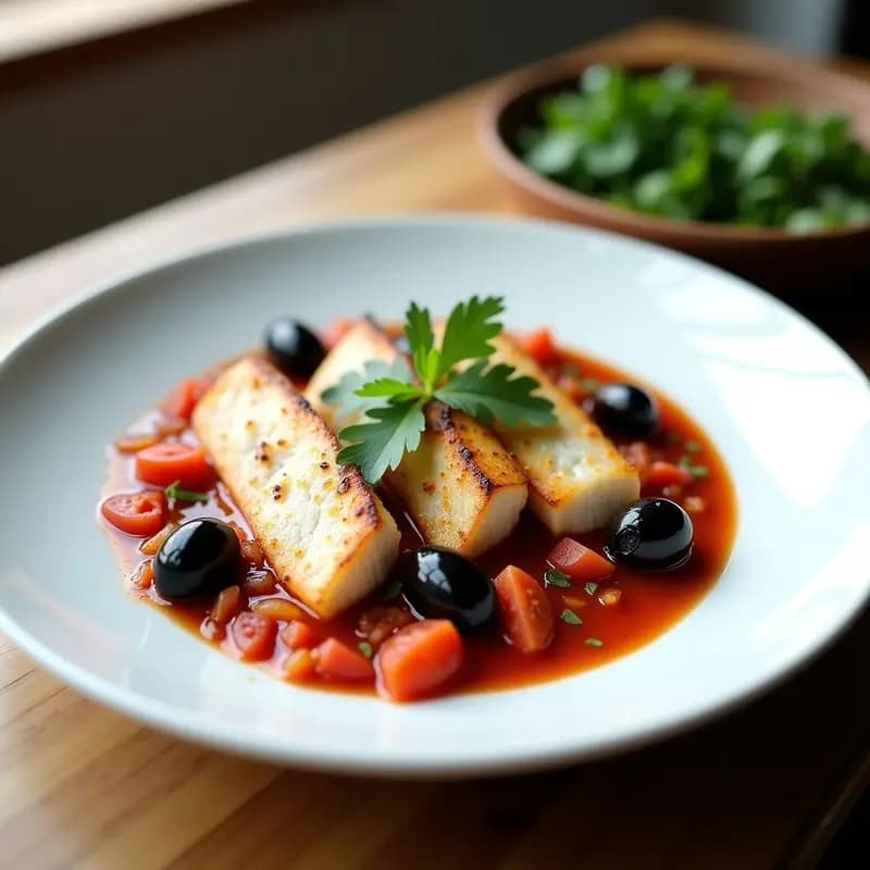 Plato hondo de cerámica blanca con filetes de trucha navaja bañados en una salsa espesa de tomate, aceitunas negras y cilantro fresco, típico de la cocina chilena tradicional.