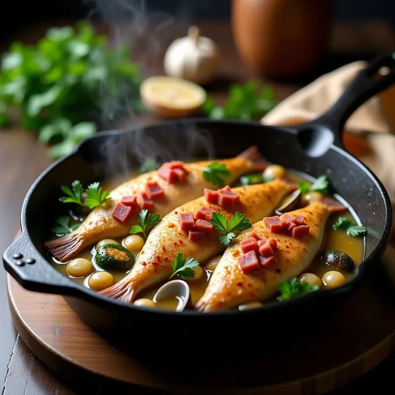 Plato tradicional de truchas a la Navarra con jamón serrano y almejas, servidas en sartén de hierro con caldo espeso y perejil fresco espolvoreado.