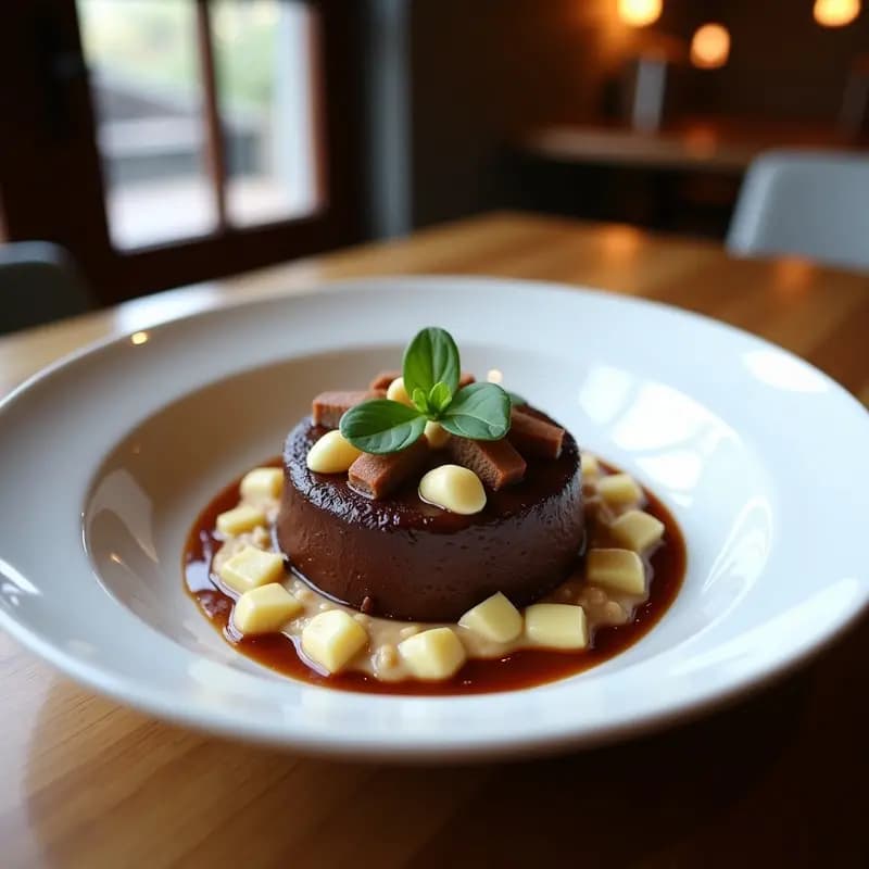 Trufas redondas de chocolate negro rebozadas en cacao y almendras molidas, con un relleno cremoso de brandada de bacalao, servidas en una fuente de porcelana blanca con hojas de perejil fresco.