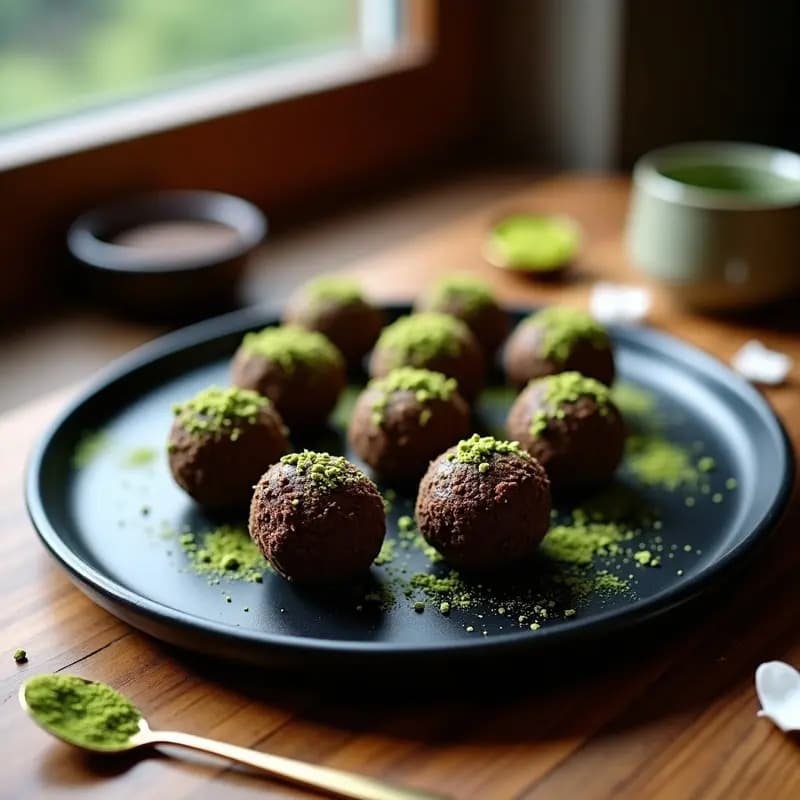 Trufas de chocolate y matcha crudiveganas sobre plato negro, rebozadas en coco rallado y semillas de sésamo negro, con un toque de matcha espolvoreado.