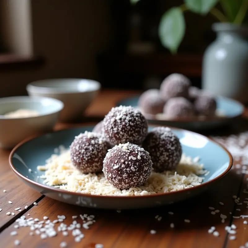 Trufas de açaí y cacao con cubre de coco rallado, postre brasileño antioxidante y energético, servidas en plato de madera con detalles de virutas de cacao y hojas verdes.