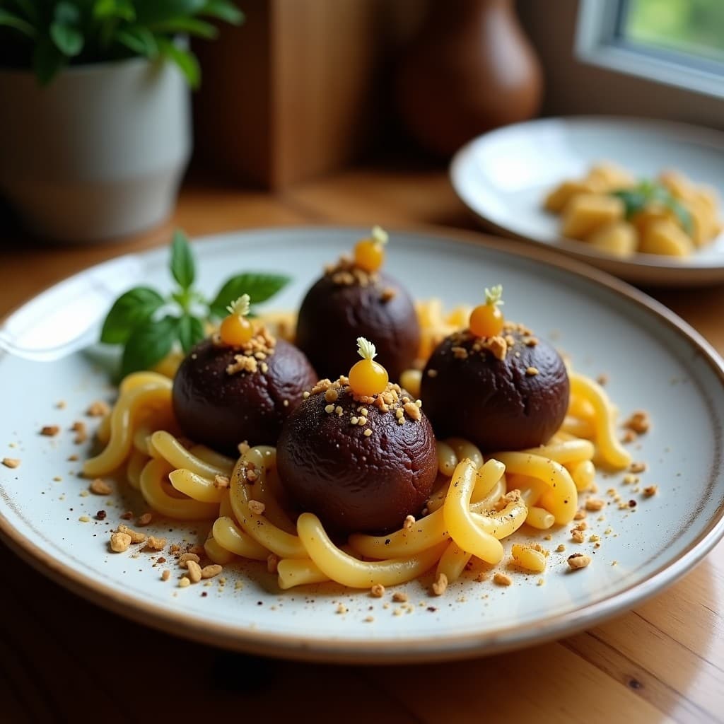 Trufas redondas y doradas de aceituna negra y almendra con cúrcuma, cubiertas de semillas de sésamo, dispuestas en una bandeja de madera rústica con hierbas frescas y un chorrito de aceite de oliva, aperitivo mediterráneo sin harina.