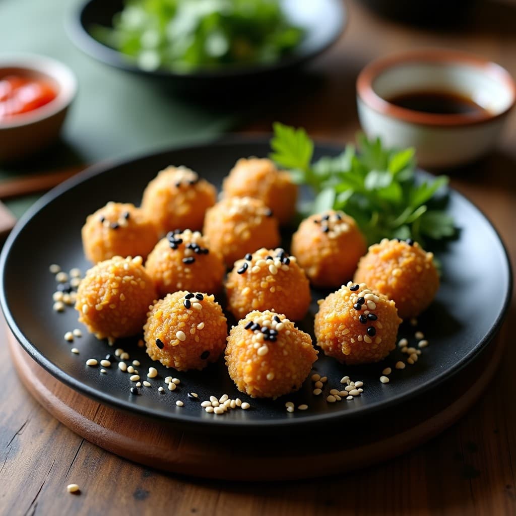 Trufas de algas nori y sésamo vegano dispuestas en una bandeja de madera oscura, con semillas de sésamo negro y blanco brillantes en su superficie. Al fondo, hojas de nori y un bol pequeño con salsa de soja para mojar. Luz natural resalta la textura crujiente.