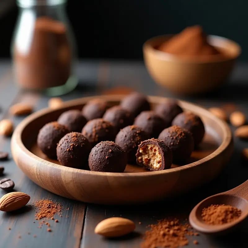 Trufas de almendra y café con cacao puro, postre crudivegano y energizante, servidas en un plato de cerámica blanca con detalles dorados, espolvoreadas con cacao nibs y café molido.