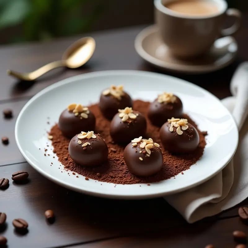 Trufas de almendra y café robusta veganas sin azúcar, decoradas con almendras fileteadas y café molido, sobre un plato de cerámica blanca con fondo de madera rústica y granos de café esparcidos.