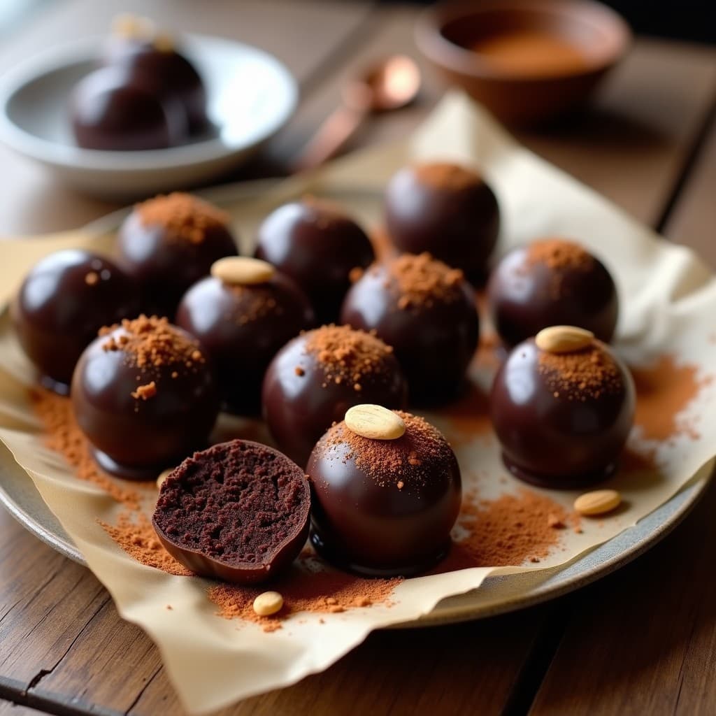 Trufas de almendra y espresso con baño de chocolate 95% sobre papel vegetal, decoradas con virutas de chocolate y polvo de café. Postre keto antioxidante de textura cremosa y exterior brillante.