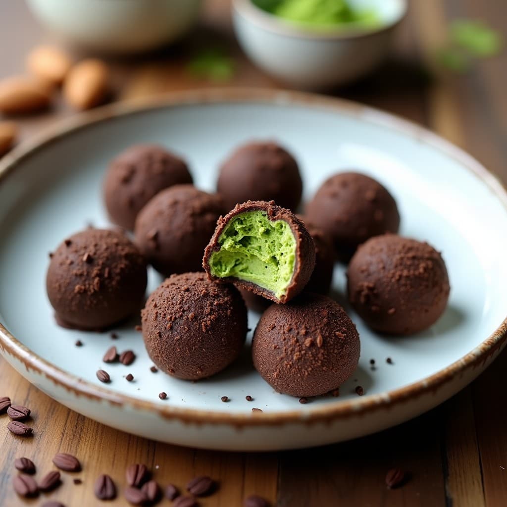 Trufas de Almendra y Matcha con Recubrimiento de Cacao Nibs: Postre Vegano y Crunchy