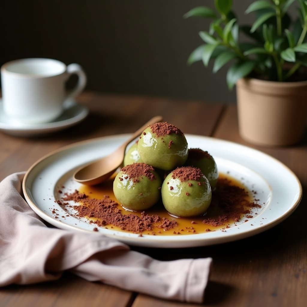 Trufas redondas y brillantes de anacardos y matcha con cacao en polvo, rebozadas en coco rallado y cacao, servidas en un plato negro sobre fondo de madera. Postre vegano alto en energía.