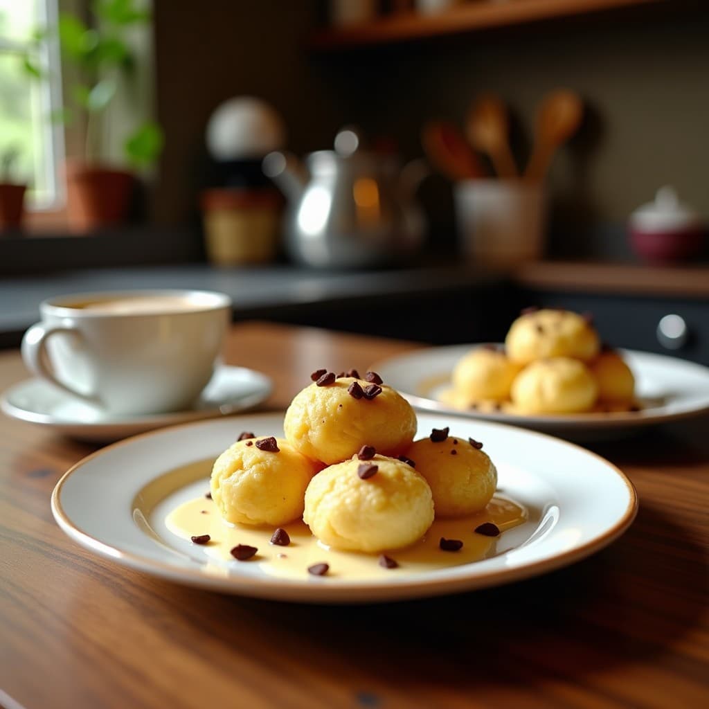Trufas redondas de avena y café con relleno cremoso de mantequilla de almendras, decoradas con almendras fileteadas y espolvoreadas con cacao, sobre un plato de cerámica blanca con fondo rústico.