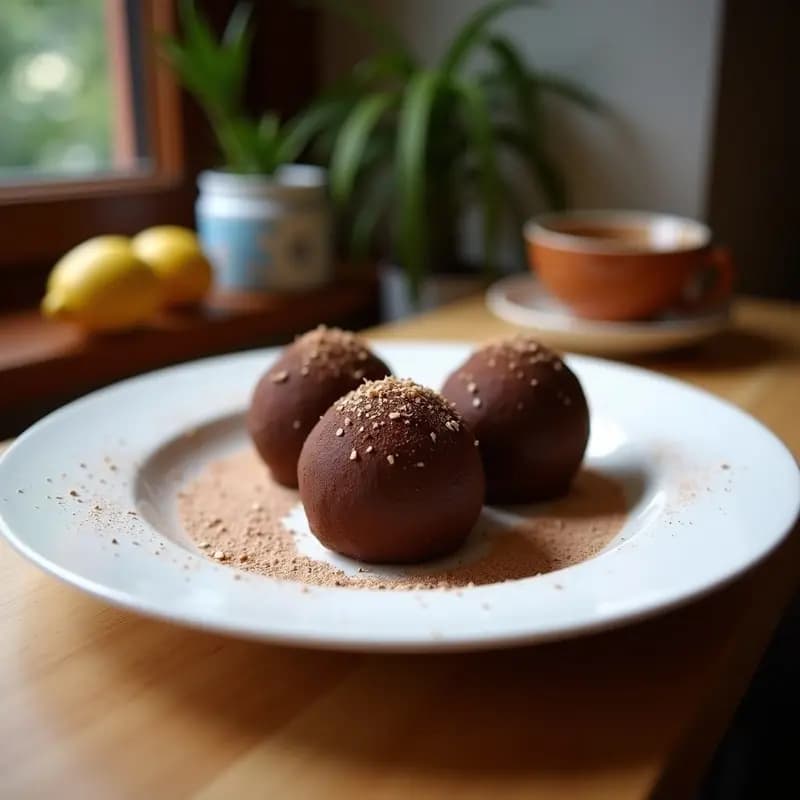 Trufas redondas de color marrón oscuro rebozadas en coco rallado y cacahuetes picados, colocadas en una bandeja de madera rústica con hojas de menta y un pequeño cuenco de cacao en polvo al lado. Postre colombiano energético sin azúcar.