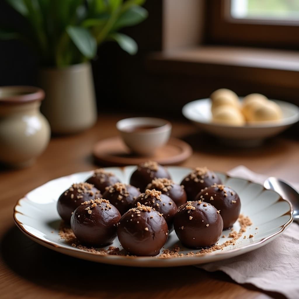 Trufas de cacao y aceite de coco keto sobre un plato blanco, cubiertas de coco rallado, con textura cremosa y brillante, postre bajo en carbohidratos.