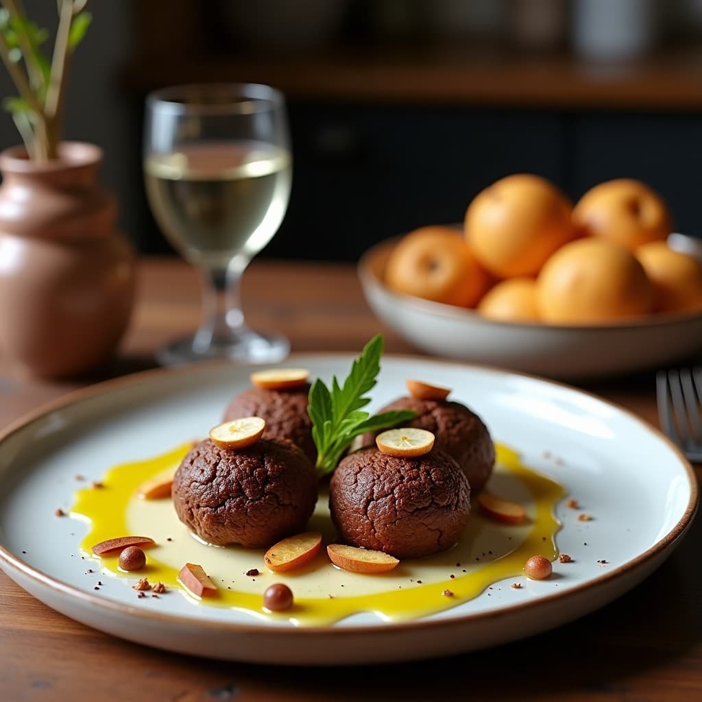 Trufas keto de cacao y aceite de oliva con relleno líquido de licor de guindas, decoradas con almendras fileteadas, sobre una bandeja de madera oscura con detalles rústicos.