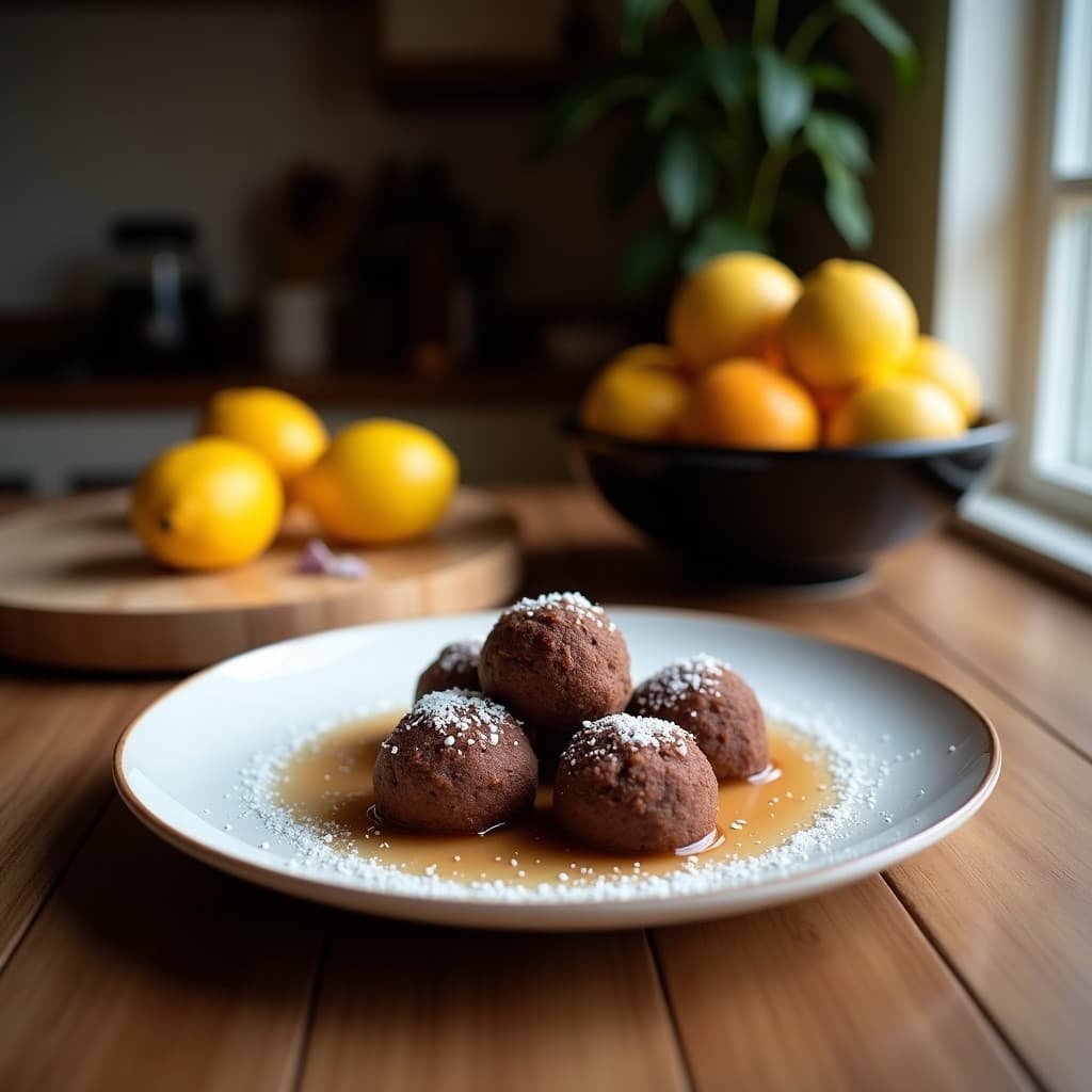 Trufas de cacao y avellanas con esencia de bergamota, postre sin azúcar y rico en magnesio, servidas en un plato blanco con coco rallado y virutas de cacao.
