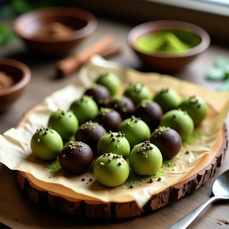 Trufas de cacao y cafeína con cobertura de matcha en bandeja de madera, postre energético sin azúcar, textura cremosa y color verde vibrante.