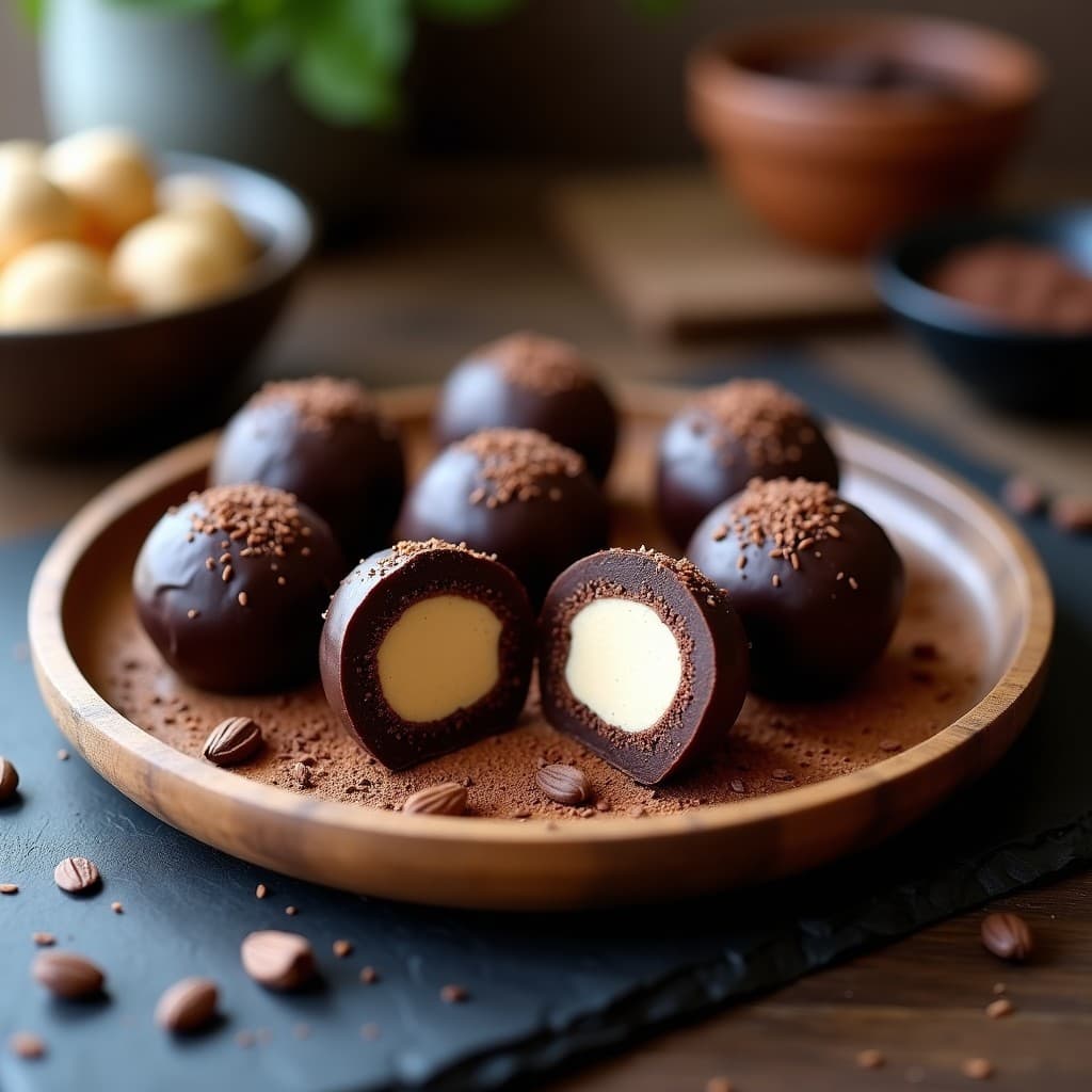 Trufas de cacao y semillas de chía con relleno de crema de anacardos, postre crudivegano sin azúcar, decoradas con cacao nibs sobre un plato de madera rústica con fondo oscuro.