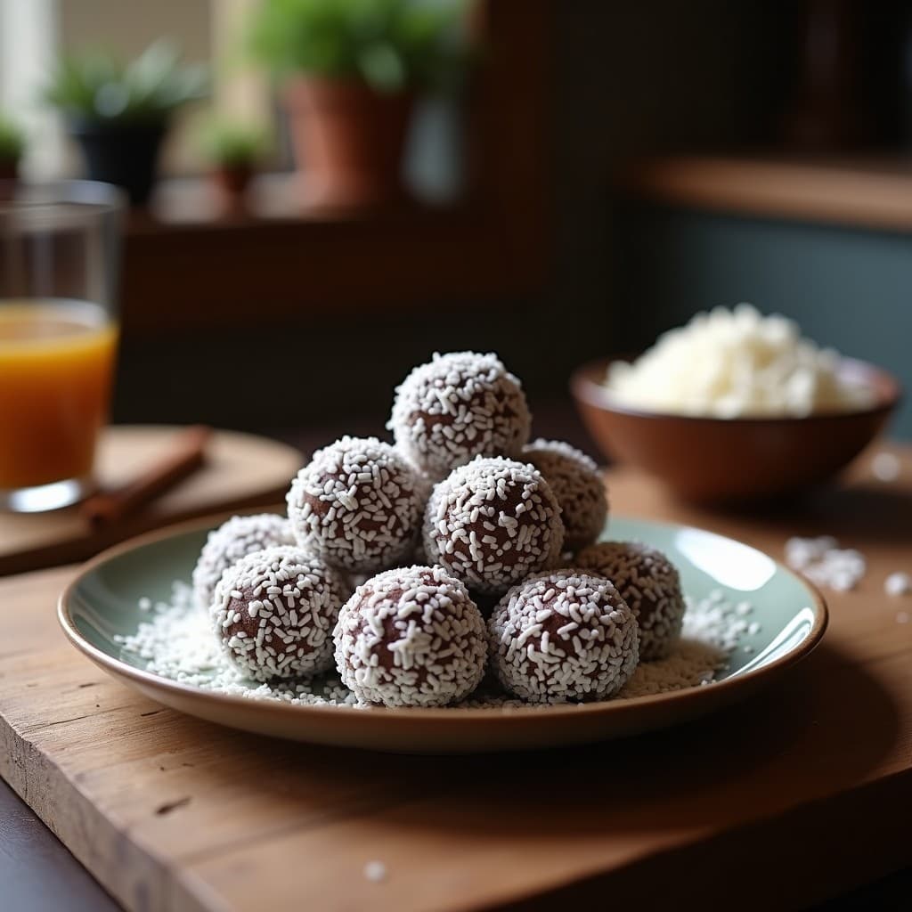 Trufas de cacao y coco rallado veganas sobre bandeja de madera oscura, con textura crujiente por el coco tostado y cacao nibs visibles, fondo borroso con ingredientes como dátiles y almendras.