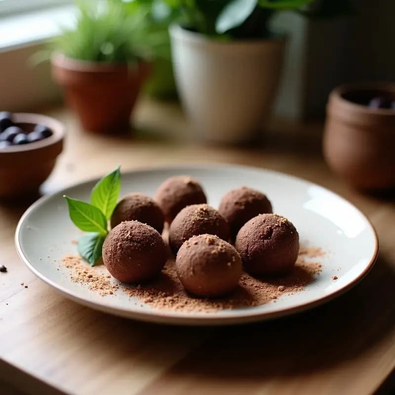 Trufas de Código Sagrado y cacao maya sin azúcar, cubiertas de coco rallado, dispuestas en una bandeja de madera rústica con hojas de menta y cacao en polvo espolvoreado al fondo.