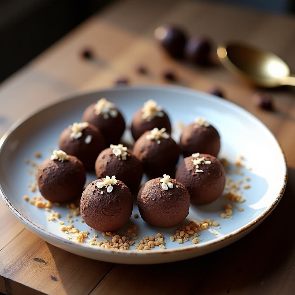 Trufas de cacao y hongos reishi sin azúcar, rebozadas en coco rallado y semillas de chía, servidas en un plato de cerámica blanca con detalles dorados.
