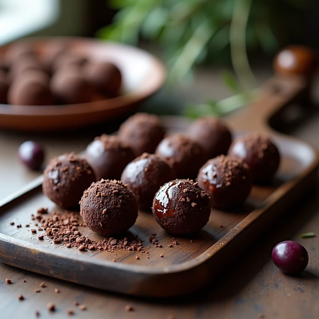 Trufas de cacao y puré de oliva negra dispuestas en bandeja de madera oscura, con recubrimiento de cacao nibs y brillo natural del aceite de oliva, postre salado andaluz vegano sin horno.
