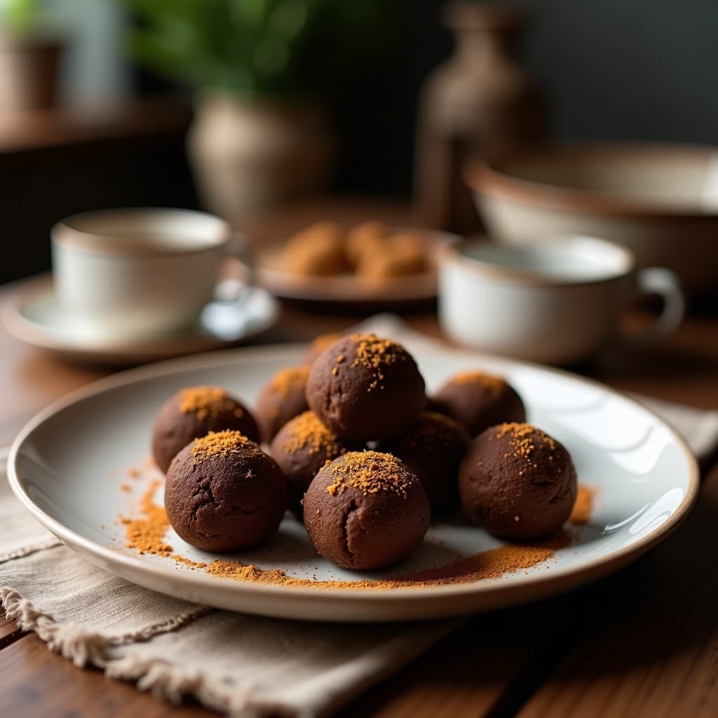 Trufas de café y aceite de coco con polvo de maca, postre energético y afrodisíaco, cubiertas de coco rallado y dispuestas en una bandeja de madera rústica con granos de café y hojas de menta al fondo.