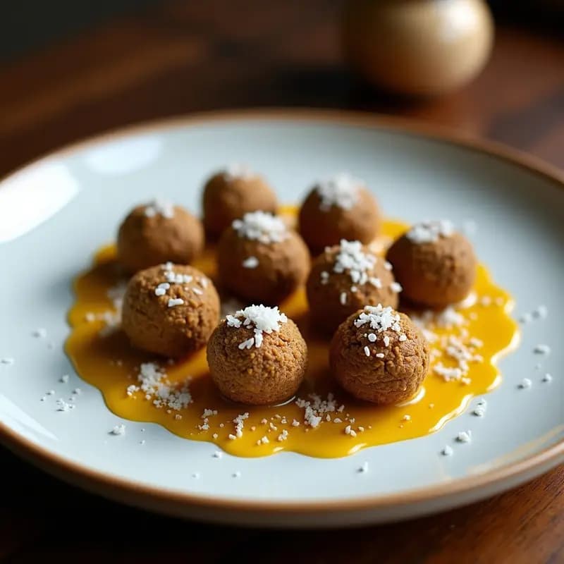 Trufas veganas de café y cúrcuma con recubrimiento de coco rallado, dispuestas en una bandeja de madera oscura con hojas de menta fresca y granos de café al fondo. Textura cremosa y color dorado por la cúrcuma, ideal como postre energizante y saludable.
