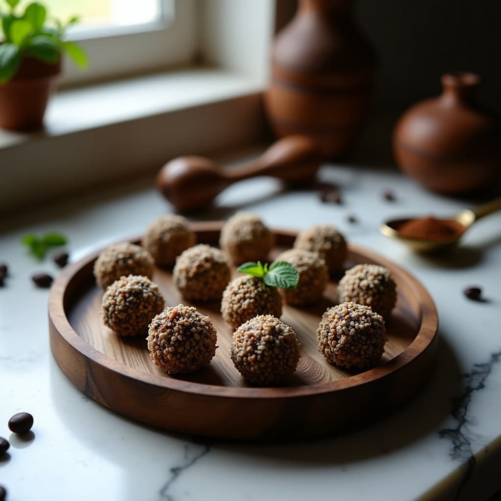 Trufas de café y harina de grillo dispuestas en una bandeja de madera oscura, cubiertas de coco rallado y semillas de chía, con un fondo borroso de granos de café y hojas de menta. Snack alto en proteína sin horno.
