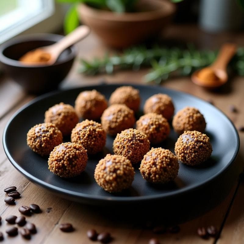 Trufas de café y hongo chaga keto en un plato de cerámica negra, cubiertas de semillas de sésamo tostadas, con un fondo de granos de café y polvo de chaga esparcido.