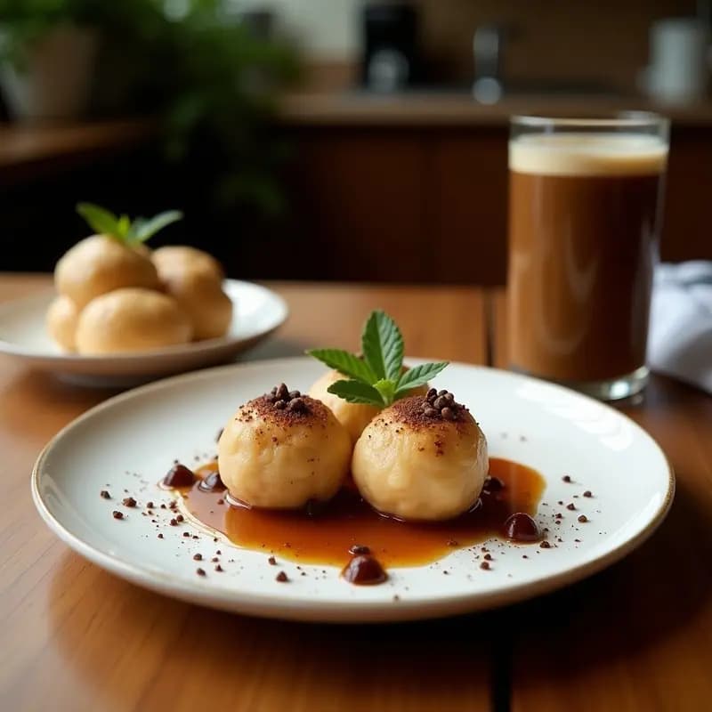 Trufas de café y hongos medicinales con cobertura brillante de cacao y coco rallado, dispuestas en una bandeja de madera oscura con granos de café y hojas de menta como decoración, postre funcional y energizante.