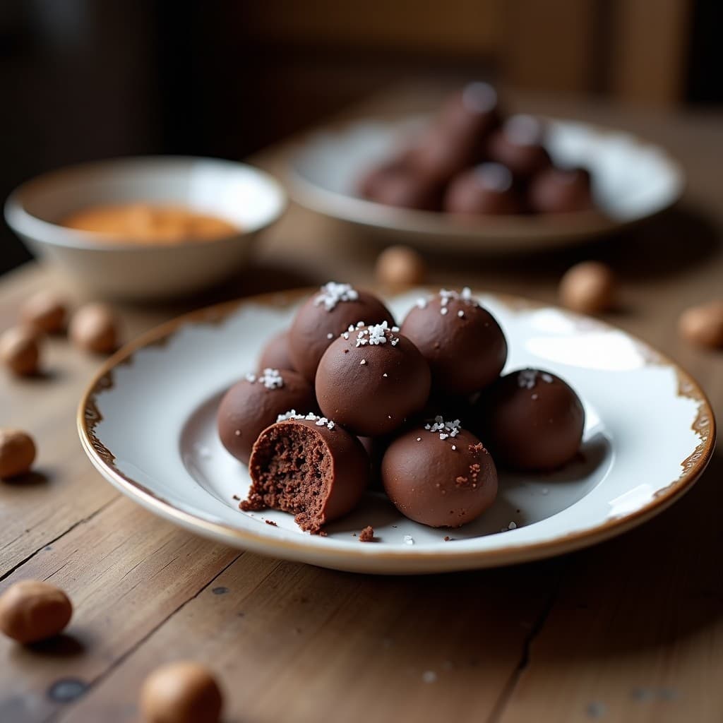 Trufas de caoba y avellanas con sal marina dispuestas en una bandeja de madera oscura, brillantes por el baño de mantequilla de cacao y decoradas con escamas de sal marina y trozos de avellana tostada, postre colombiano gourmet sin azúcar.