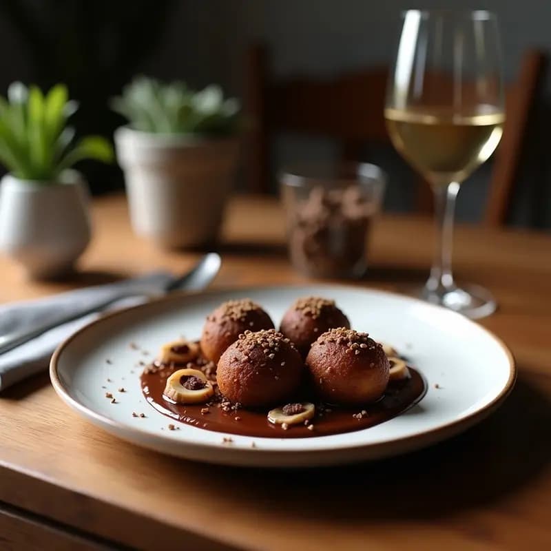 Trufas de caoba y nuez moscada keto con cacao puro, rebozadas en coco rallado y almendras fileteadas, servidas en un plato de porcelana blanca sobre un mantel de lino beige, con virutas de cacao y una pizca de nuez moscada espolvoreada.