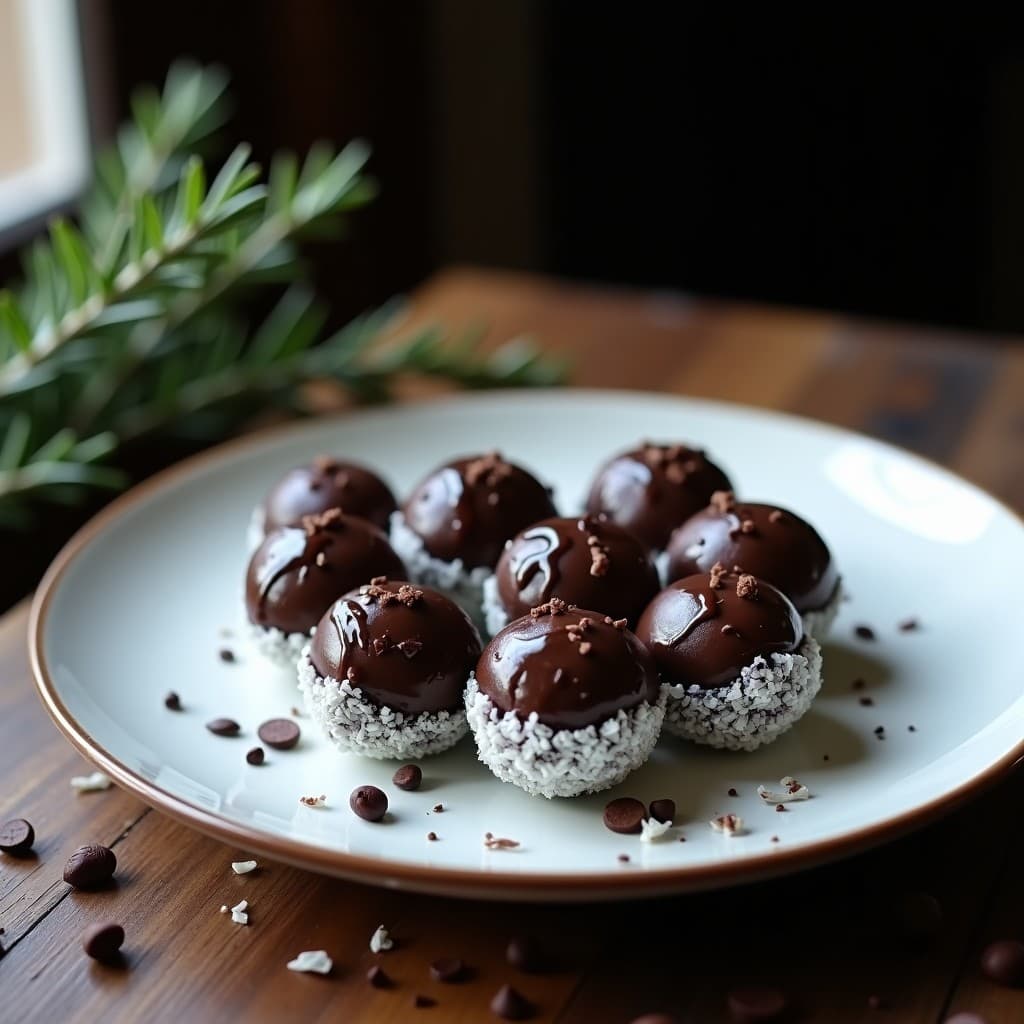 Trufas de chocolate negro y aceite de oliva veganas, servidas en un plato de porcelana blanca con coco rallado, fondo oscuro y virutas de chocolate como decoración.