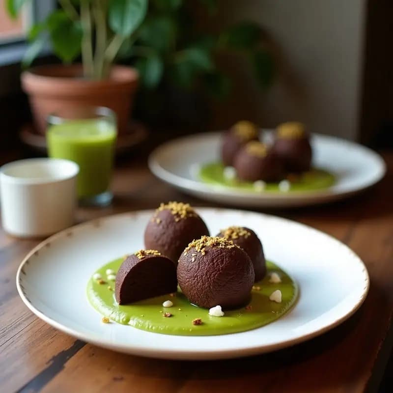 Trufas de chocolate negro y matcha con relleno de ganache de frambuesa, decoradas con cacao en polvo y frambuesas frescas, sobre un plato de porcelana blanca con fondo oscuro.