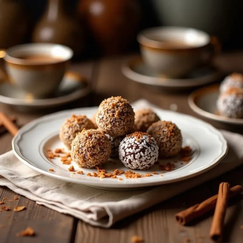 Trufas de coco y café con canela dispuestas en una bandeja de madera, rebozadas en cacao y coco rallado, con un fondo de taza de café humeante y una ramita de canela.
