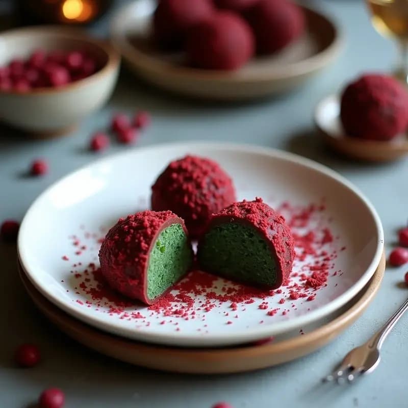 Trufas de coco y alga espirulina con cobertura de chocolate rubí, postre vegano supernutritivo, servidas en plato blanco con virutas de coco por encima.