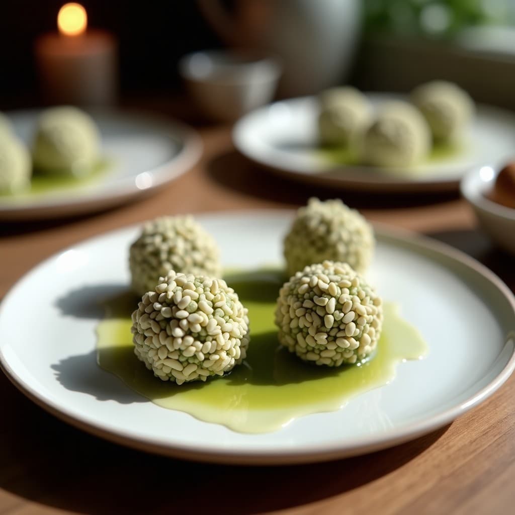 Trufas veganas de coco y matcha con centro cremoso de avellana, decoradas con coco rallado y servidas en una fuente de porcelana blanca sobre fondo de madera rústica.