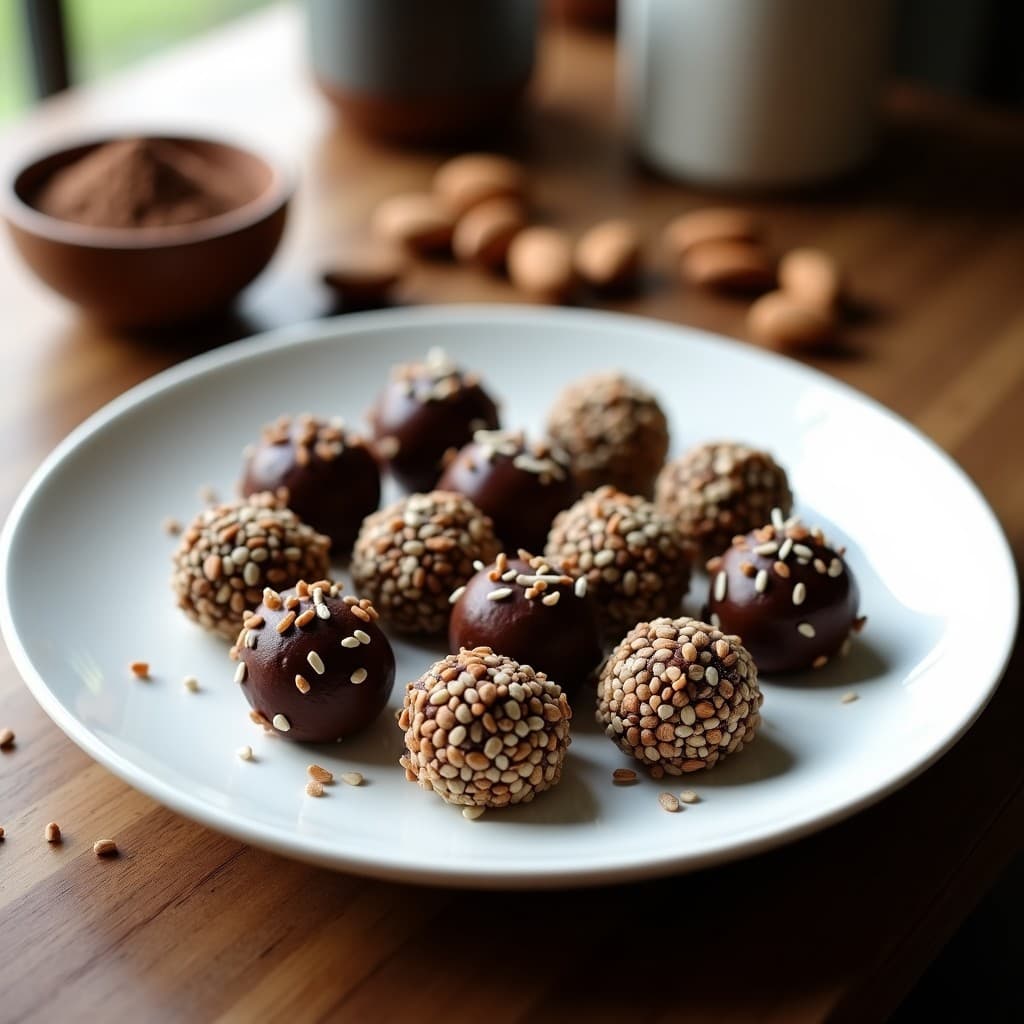 Trufas redondas de color marrón oscuro rebozadas en coco rallado y semillas de sésamo, con trocitos de almendra visibles, servidas en un plato blanco sobre fondo rústico de madera. Postre raw de dátiles, almendra y cacao crudo.
