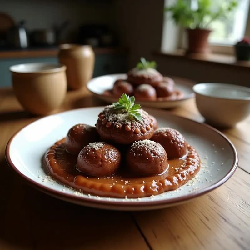 Trufas redondas y doradas de dátiles y cacao en polvo espolvoreadas con hebras de azafrán, dispuestas en un plato de cerámica persa con detalles azules, fondo con especias y dátiles enteros.
