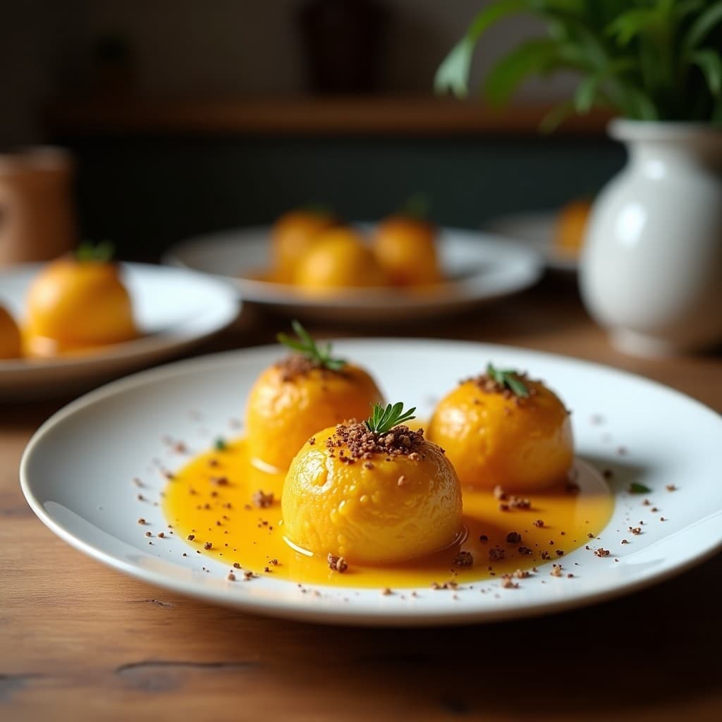 Trufas redondas y doradas de dátiles y núcleos de albaricoque cubiertas de coco rallado, dispuestas en un plato de cerámica blanca sobre un fondo rústico de madera. Postre vegano sin horno y sin azúcar.