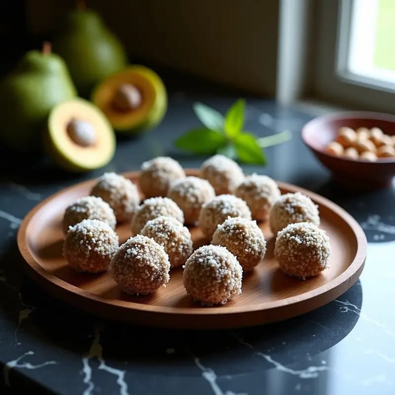 Trufas de feijoa y nuez de Brasil keto sobre una bandeja de madera, cubiertas de coco rallado, con hojas de menta y trozos de nuez de Brasil como decoración, postre brasileño sin azúcar.