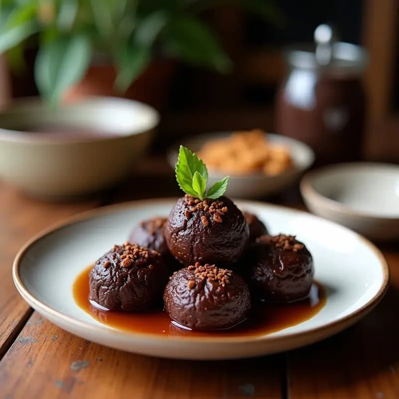Trufas de feijoa y chocolate negro dispuestas en una bandeja de madera oscura, con virutas de nueces de Brasil y cacao en polvo espolvoreado. Postre brasileño sin lácteos, antioxidante y de textura cremosa bajo la cobertura brillante de chocolate.