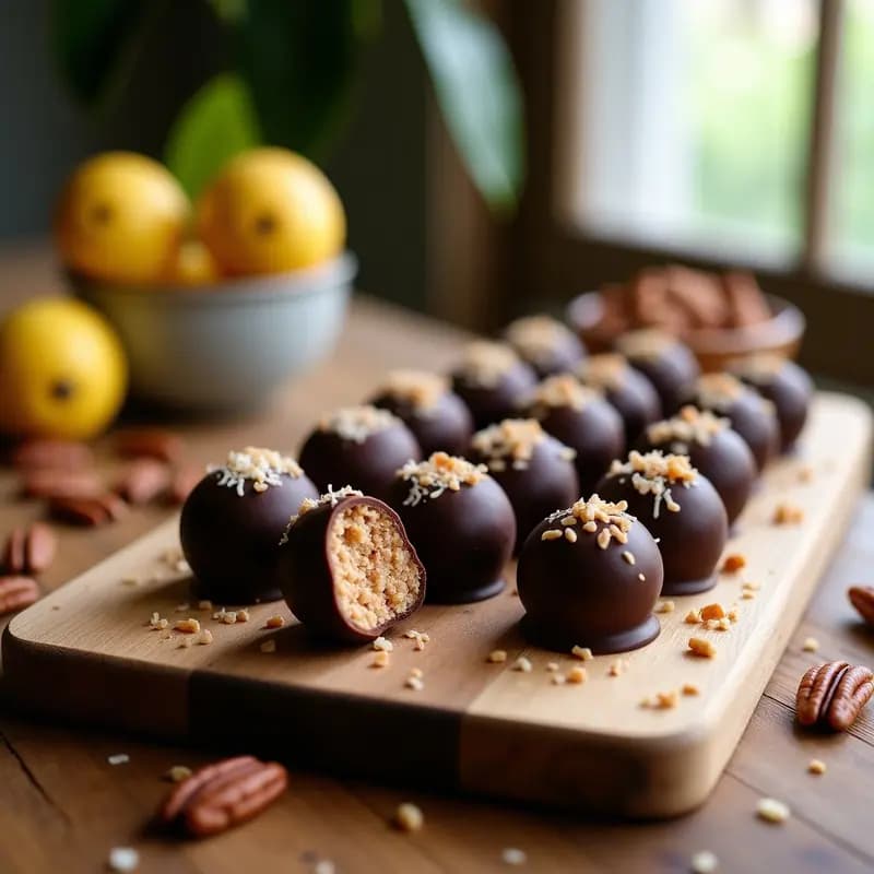 Trufas brasileñas de feijoa y nuez con cobertura de chocolate amargo 100%, decoradas con coco rallado sin azúcar. Postre sin azúcar, keto y vegano, con textura crujiente y aroma tropical.