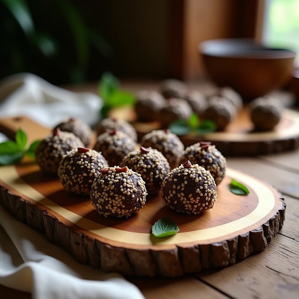 Trufas de injera y cacao nibs dispuestas en un plato de barro con detalles etíopes, mostrando su textura crujiente por fuera y el interior oscuro con trozos de cacao. Postre etíope sin horno con fermentados.