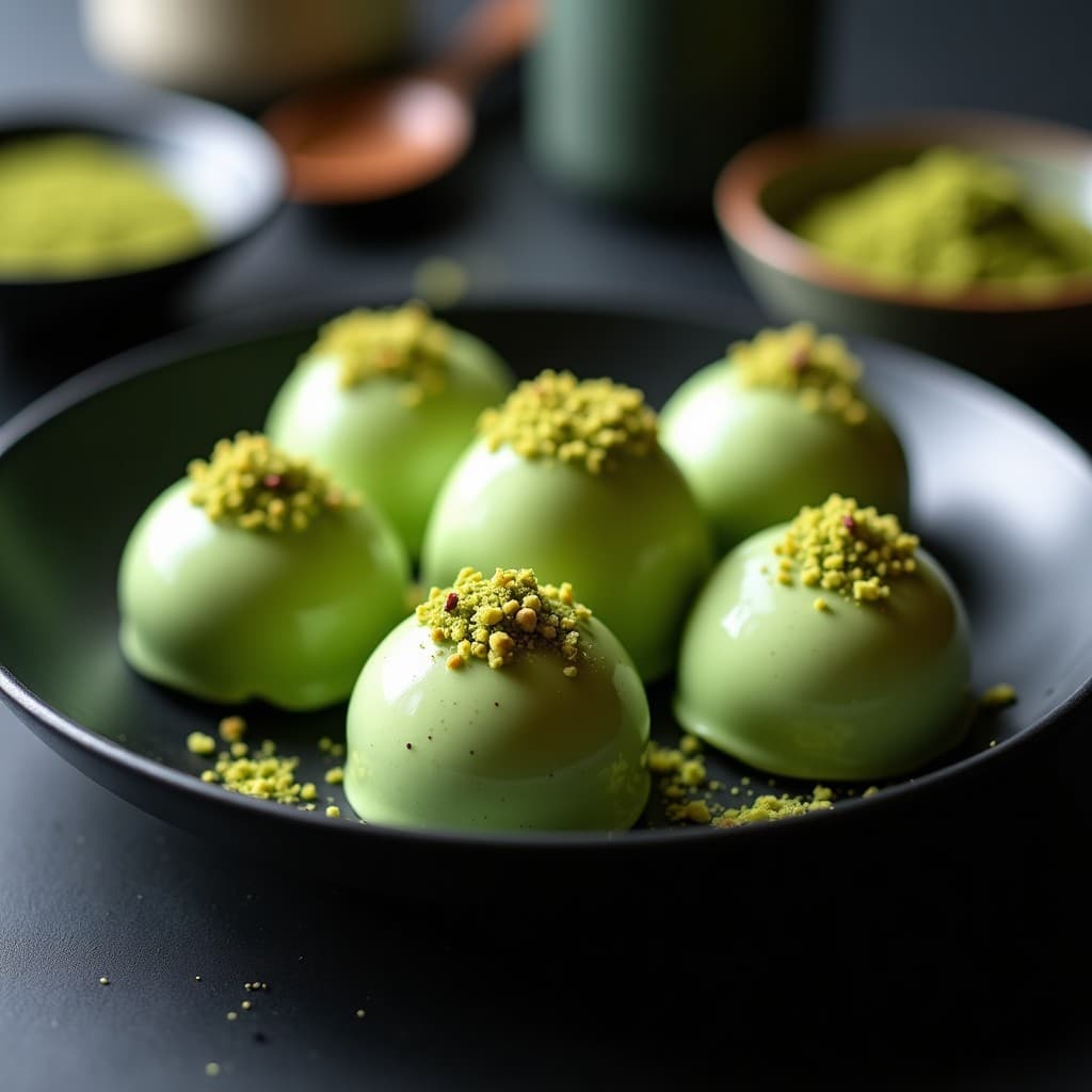 Trufas de kakigori de matcha y pistacho con nitrógeno líquido, postre japonés sin azúcar. Bolitas esponjosas de hielo rallado verde cubiertas de pistachos picados, con efecto de vapor frío y textura crujiente.