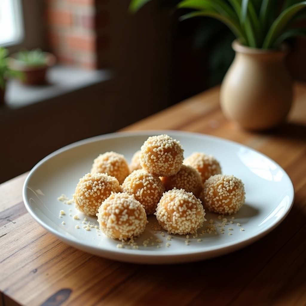Trufas redondas de color dorado claro, cubiertas con coco rallado, dispuestas en una bandeja de madera rústica con hojas de menta fresca y un fondo borroso de ingredientes como pulpa de lúcuma y almendras.