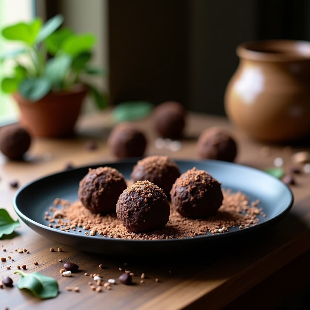 Trufas de maca andina y cacao dispuestas en bandeja de madera, cubiertas de coco rallado y cacao nibs, con fondo rústico y luz natural que resalta su textura cremosa.